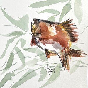 Crappie in Reeds Original Watercolor Wall Art Painting 11x14in Matted FrameReady